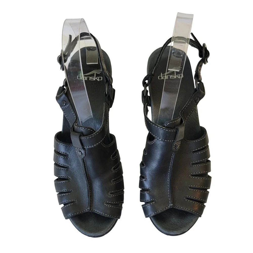 Dansko Randa Black Leather Platform Heeled Sandals EU 38 US 7.5-8 Cage Buckle